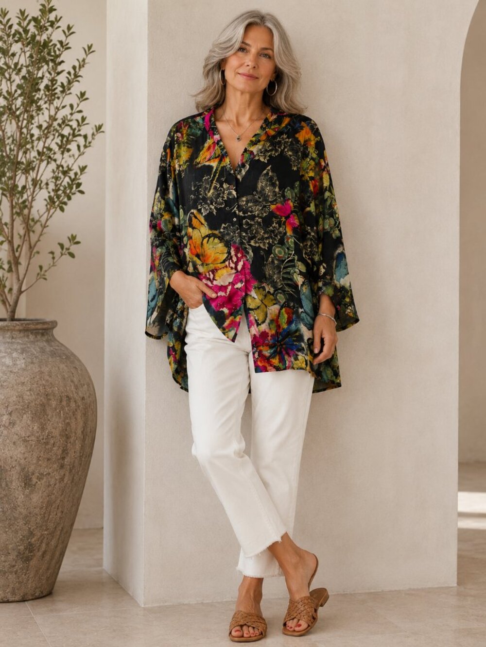 Citron Santa Monica Vibrant Butterfly Floral Tunic Long Sleeve Shirt 1X